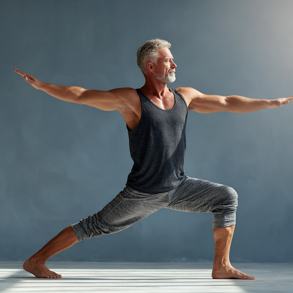 Confident mature man around 45 years old performing warrior pose in yoga practice, showing strength and balance, wearing comfortable athletic wear in a peaceful studio setting