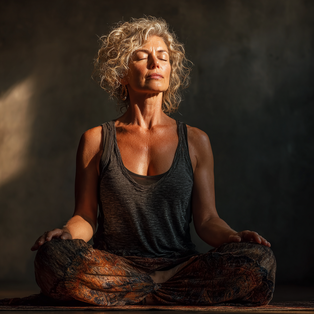 Peaceful middle-aged woman in her 50s practicing yoga in meditation pose, sitting cross-legged with closed eyes and serene expression, wearing comfortable yoga attire in natural lighting
